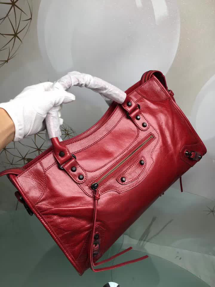 BALENCIAG巴黎世家 經典款 義大利進口原版油蠟頭層牛皮 古銅釘黑色 時尚百搭 手提肩背斜挎包  BL1310